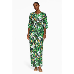 Green Abstract Print Pleated Maxi Dress with Waist Tie